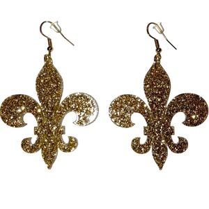 Fleur de Lis Gold Glitter Sparkles Dangle Earrings New Orleans Game Day Jewelry
